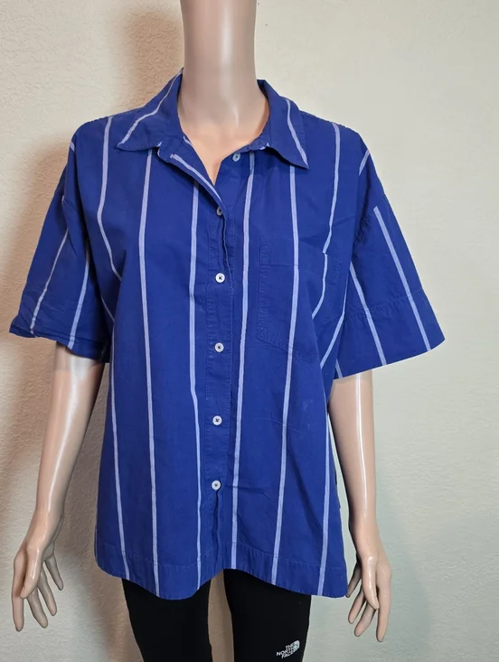 MADEWELL Blue Striped Boxy Cotton Button Up Collared Neckline Shirt Size Xl - Picture 7 of 16